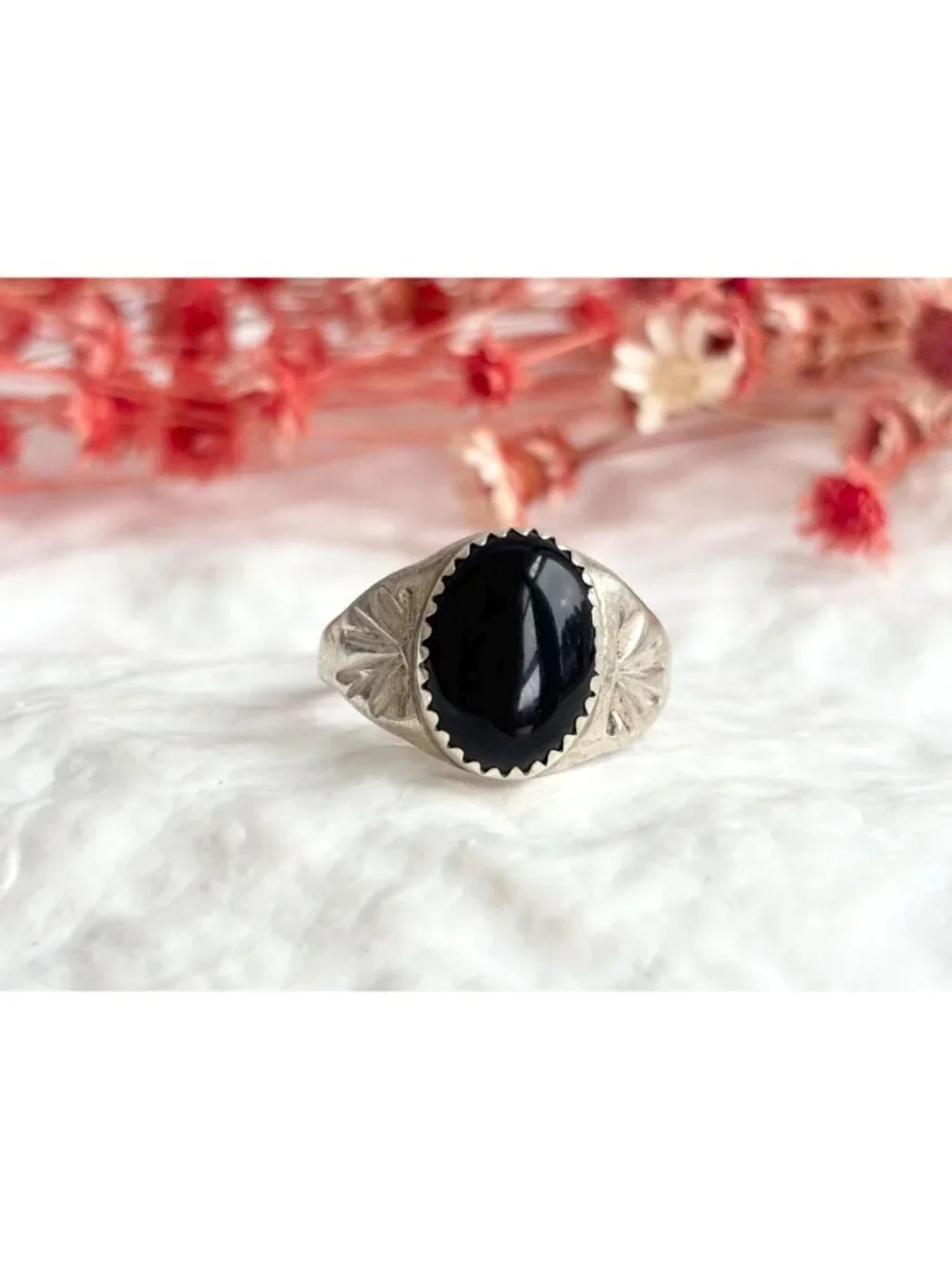 Black Onyx Gemstone Southwest Chunky Sterling Silver 925 Vintage Ring - sz 9